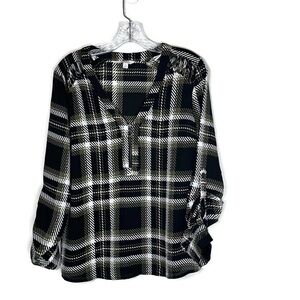 Candie’s Top Plaid Long Sleeve 1/4 Zip Up Sheer Women’s Blouse Size XL